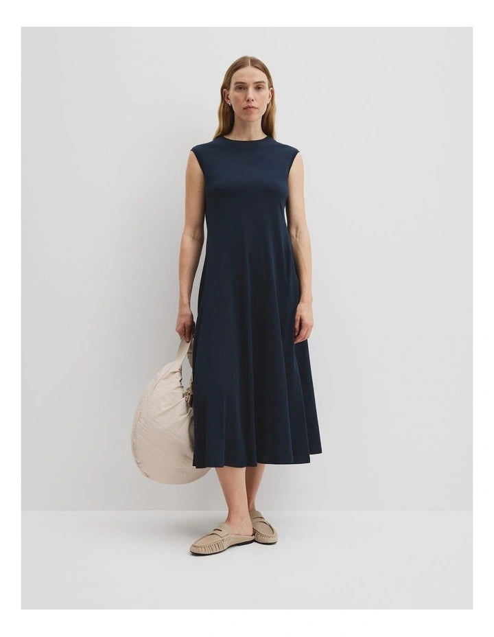 Country Road Navy Stitch Detail Midi Dress - L (RRP - $159)
