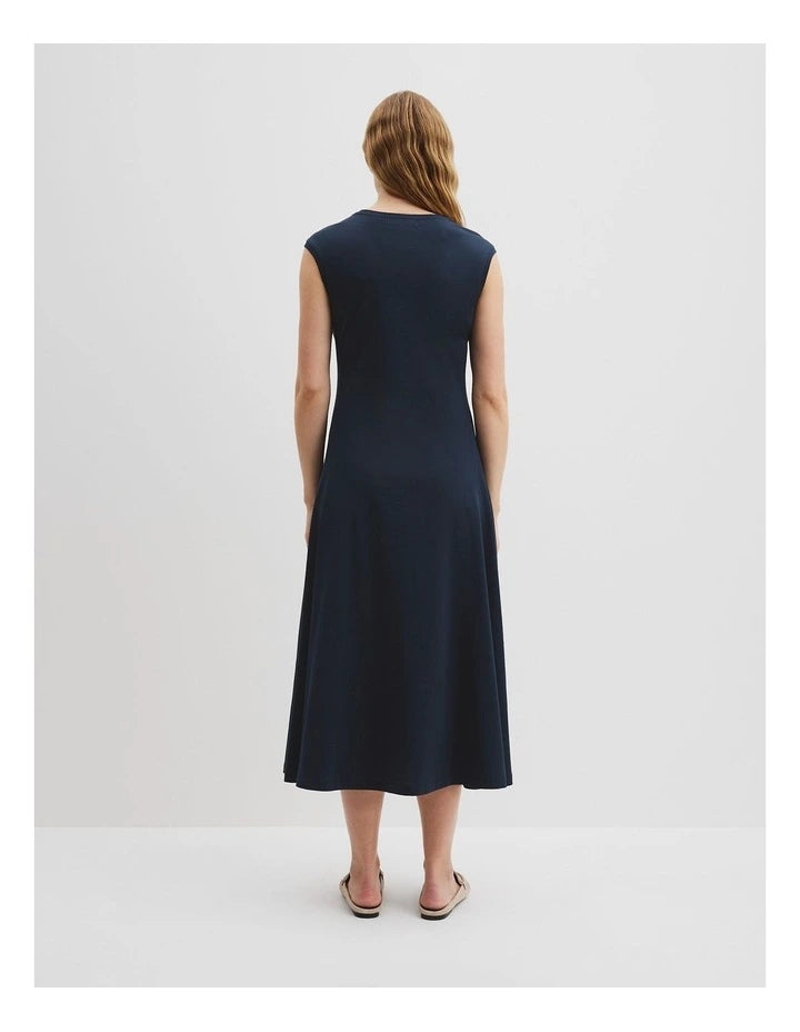 Country Road Navy Stitch Detail Midi Dress - L (RRP - $159)