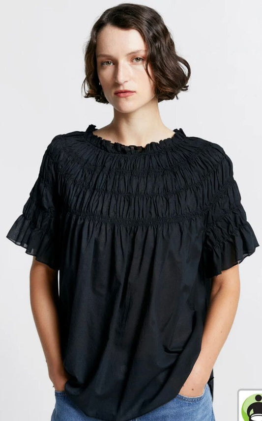 Karen Walker Black Smocked Cotton Top - US0 / UK4