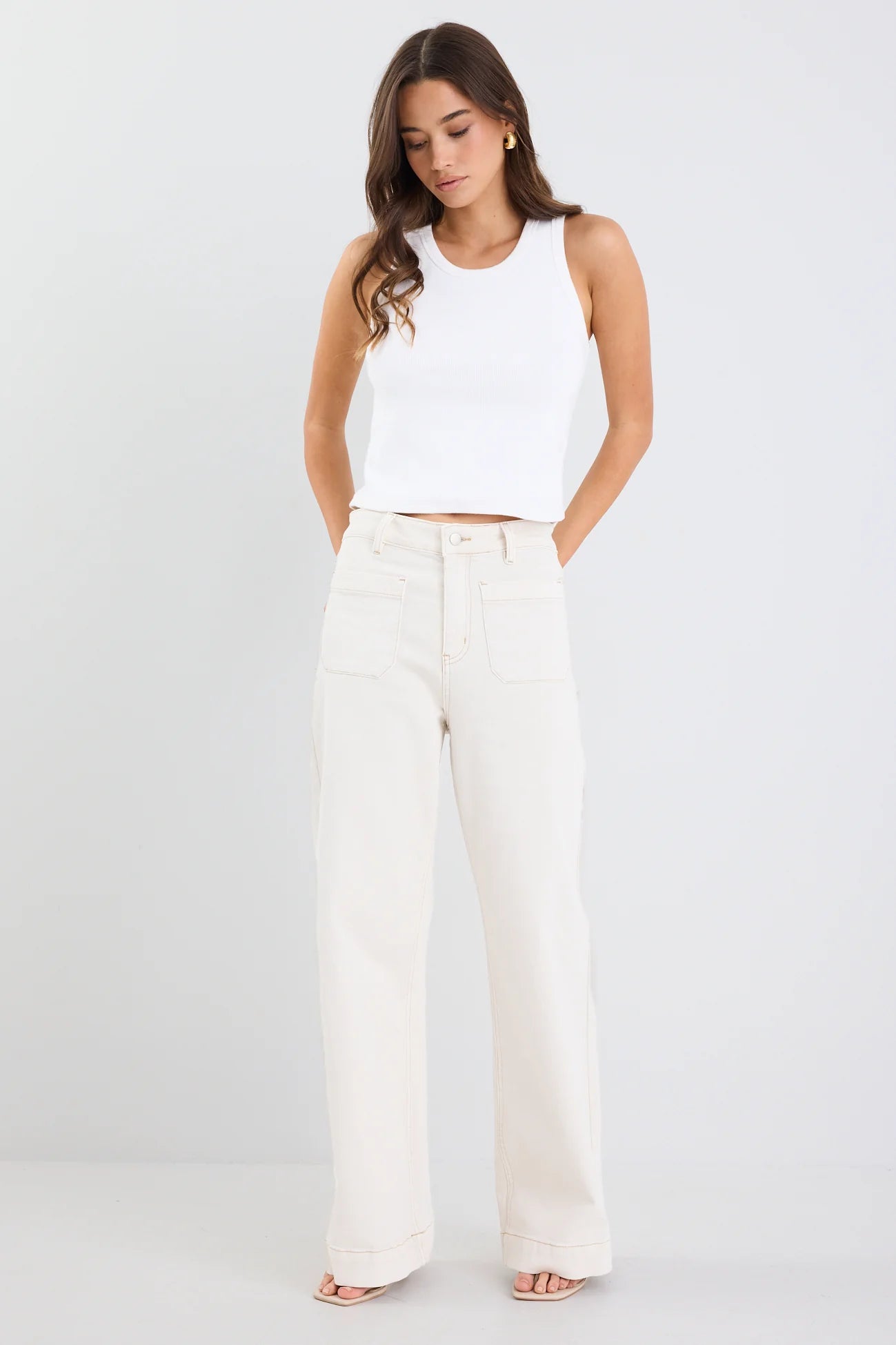 Among the Brave - Zoey Ecru High Rise Wide Leg Pocket Jean - 16