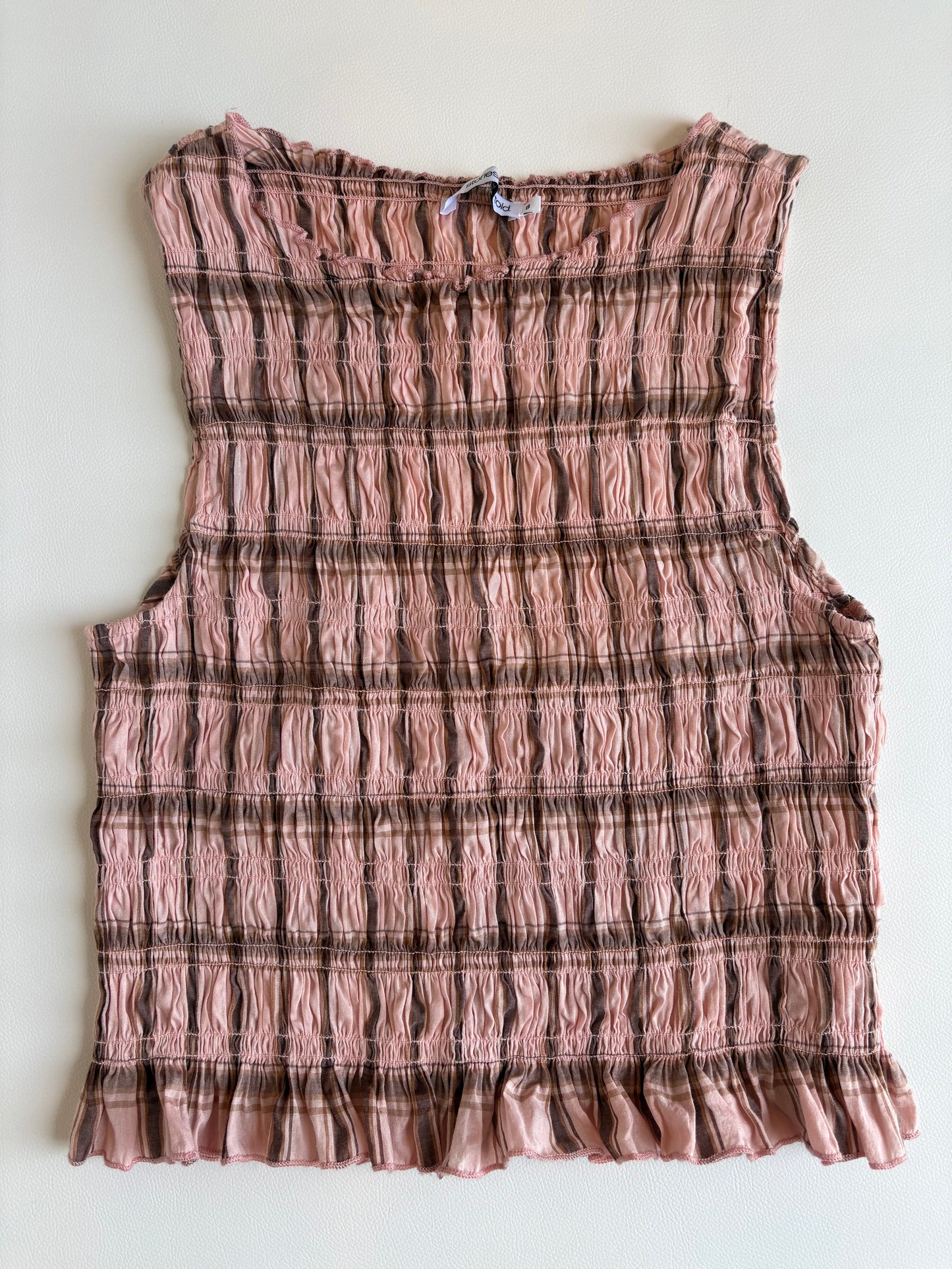 Stories Be Told - Blush Check Shirred Sleeveless Shell Top - 8 (RRP $109)