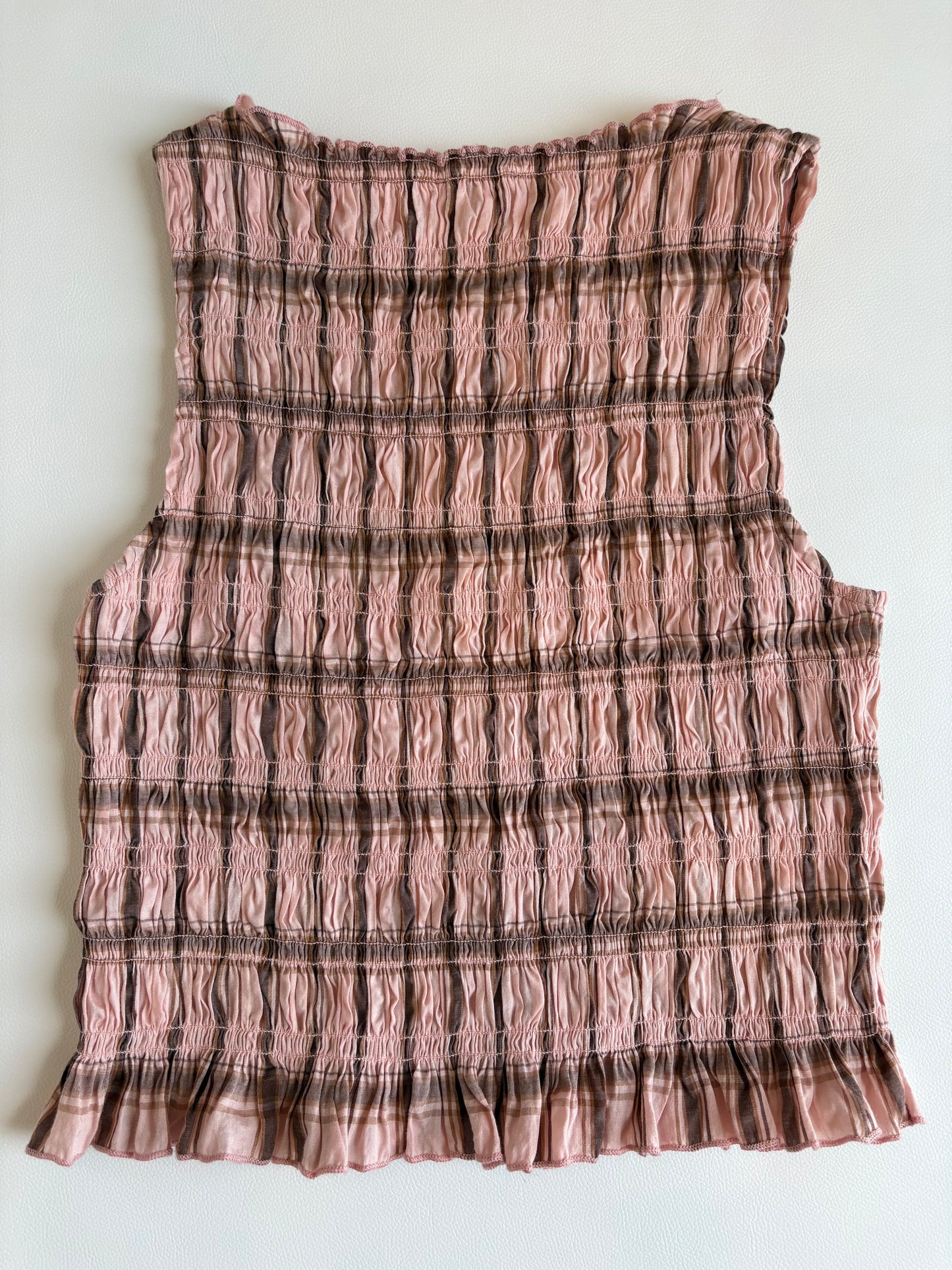 Stories Be Told - Blush Check Shirred Sleeveless Shell Top - 8 (RRP $109)