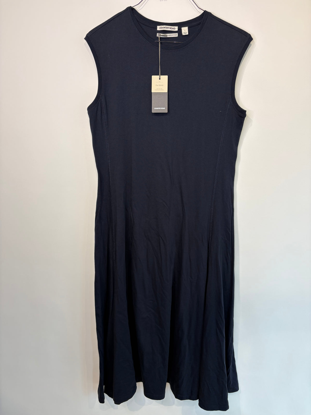 Country Road Navy Stitch Detail Midi Dress - L (RRP - $159)