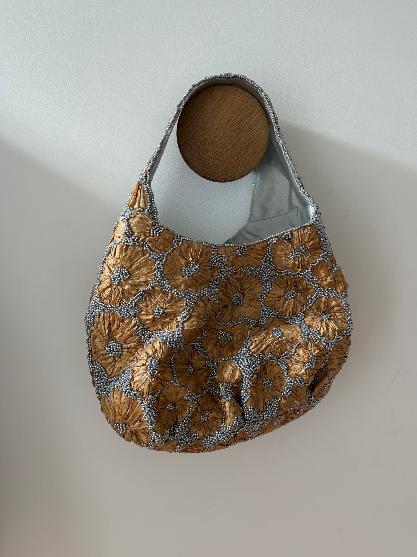Topshop Sindri floral embellished bag in natural & silver