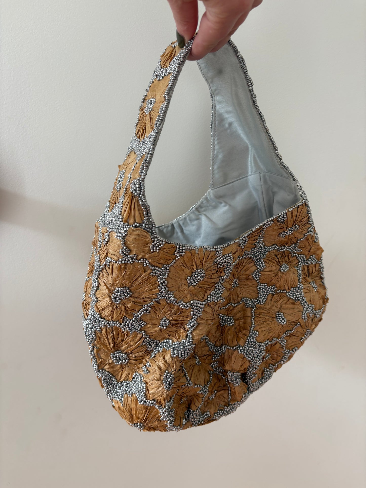 Topshop Sindri floral embellished bag in natural & silver