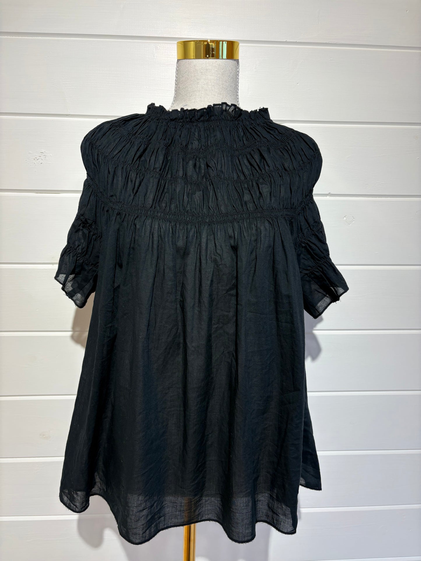 Karen Walker Black Smocked Cotton Top - US0 / UK4