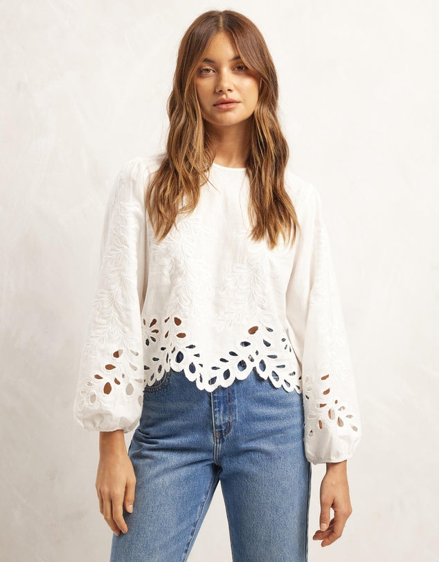 AERE Embroidered Linen Blend Top - 8