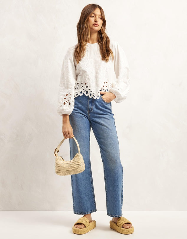 AERE Embroidered Linen Blend Top - 8