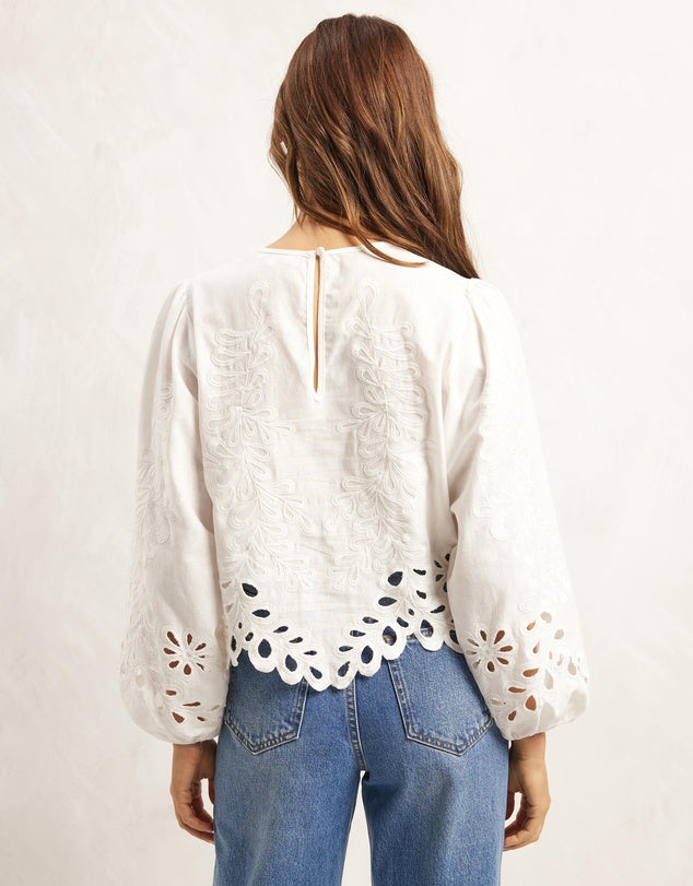 AERE Embroidered Linen Blend Top - 8